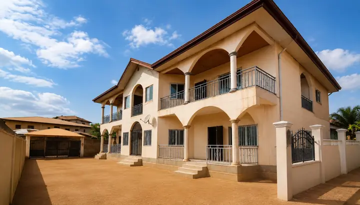 Façade de l’immeuble, Immeuble de quatre appartements à Nsam